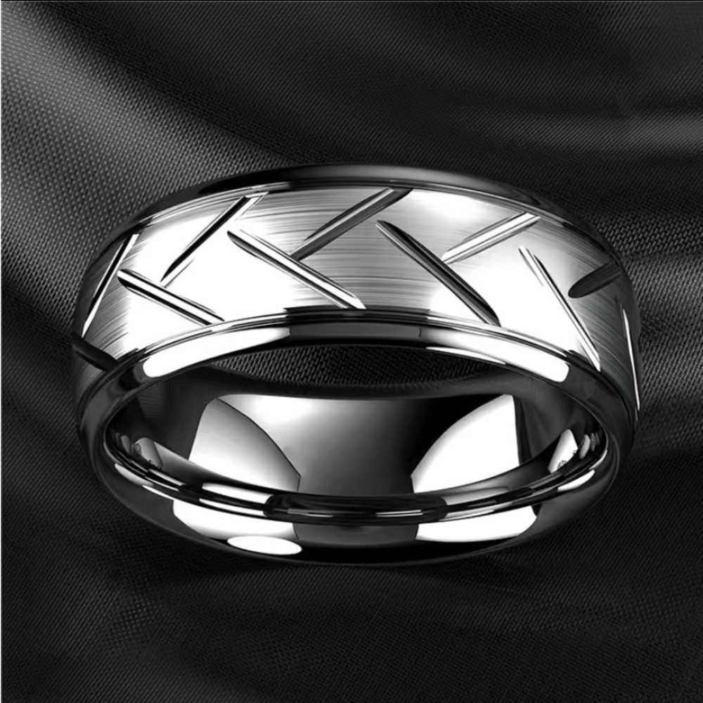 New Mens Stainless Steel (Titanium Fake) Silver Simple Fashion Ring (Tire Track) - Picture 3 of 6